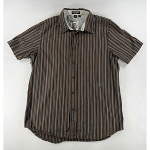 Y2K Fox Racing Short Sleeve Button Shirt Brown Stripes LARGE 100% Cotton